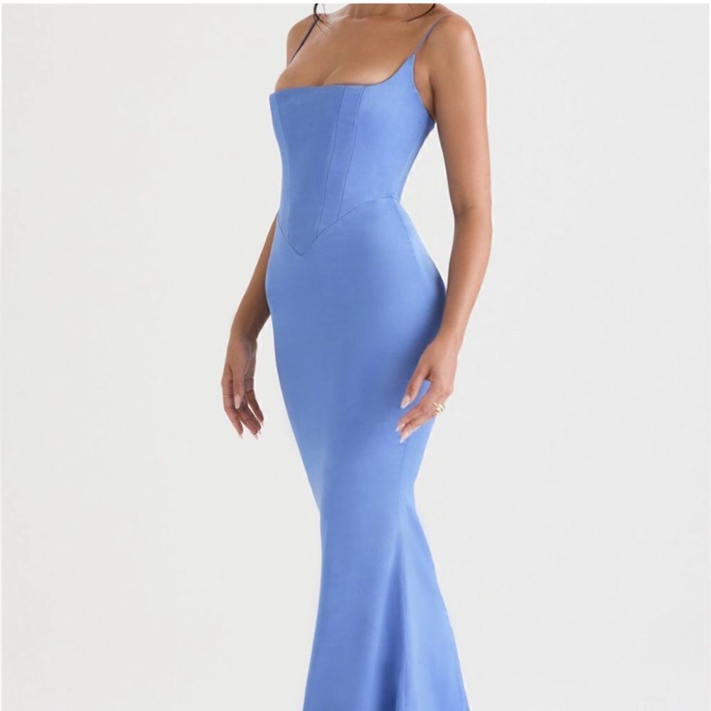 NWT House Of Cb Olivette Periwinkle Satin Maxi Blue Dress Corset Size XS - Picture 5 of 16